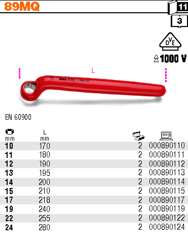OČKOVÝ KLÍČ JEDNOSTRANNÝ VYHNUTÝ S IZOLACÍ DO 1000V-MODEL 89MQ 15MM